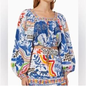 Farm Rio Wild Brazil Crop Top Sz. S Cotton Tiered Ruffles Puffed Sleeve NWOT